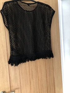 Size 14/16 (Medium) Women’s Black Mesh Top With Fringed Tassels At The Bottom - Picture 1 of 10