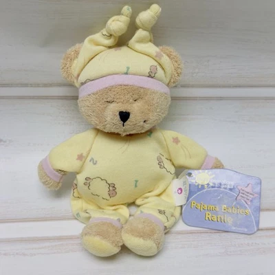 NEW Kids II Pajama Babies Teddy Bear Rattle Yellow PJ Hat Plush Lovey RARE Vtg - Image 1 of 4