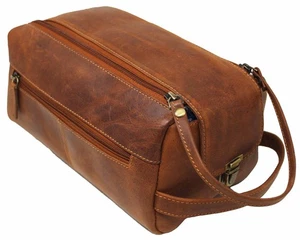Men's Handcrafted Distressed Brown Leather Travel Toiletry Dopp Kit Bag - Picture 1 of 3