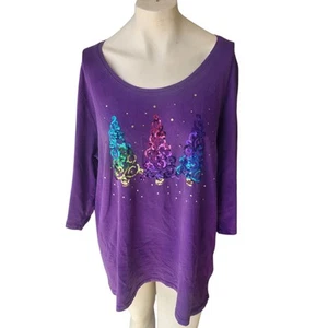 Catherines Holiday Top Womns Sz 0X Sequin Christmas Trees Glam Novelty Fun Artsy - Picture 1 of 5