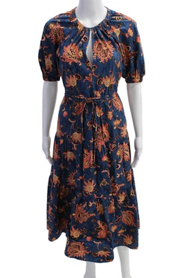 A.L.C. Maxi Vestido Para Mujer Algodón Estampado Floral Cuello en V Manga Corta Azul Talla 4 Foto 1 de 4