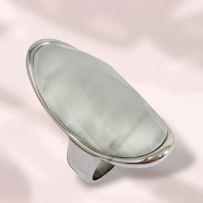 Anillo de acero inoxidable para mujer con auténtico cuarzo ojo de gato *Anillo exagerado Foto 1 de 4