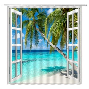 Beach Palm Tree Shower Curtain Summer Ocean Blue Sky Tropical Island Seaside ... - Picture 1 of 7