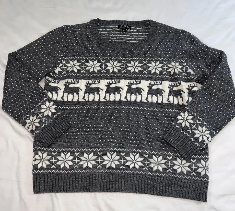 POL Sweater Women’s Size XL Gray Fair Isle Reindeer Snowflake Holiday Christmas - Image 1 of 4
