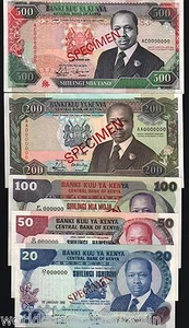 KENYA 20 50 100 200 500 SHILLING Specimen 1981-1992 UNC ELEPHANT MOI 5 NOTE SET - Picture 1 of 1