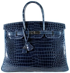HERMES Bleu Roi Blue Lisse Shiny Porosus Crocodile Skin BIRKIN 35 Bag PHW - Picture 1 of 20