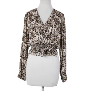 Anthropologie NEW $80 Sz S Brown Black White V Neck Bunnies Birds 100% Poly Top - Picture 1 of 14