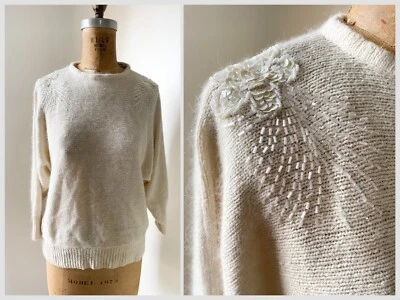 Suéter vintage anos 80 anos 90 seda e angorá enfeitado com miçangas marfim inverno branco - Imagem 1 de 4