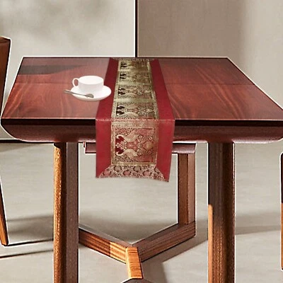 Indian Handmade Peacock Design Silk Table Runner Wedding Decor 16"X60" Inch - Image 1 of 4