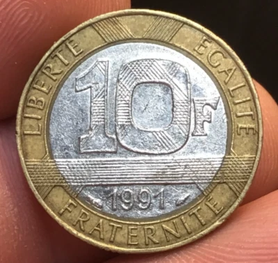 Francia 1988-1991 bimetálico bimetálico 10 francos níquel-latón KM#940, 1 moneda Foto 1 de 4