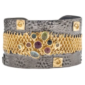Polemis 2001 ~ Sterling & Gold Plated Silver Wide Cuff Bracelet with Gemstones - Picture 1 of 5
