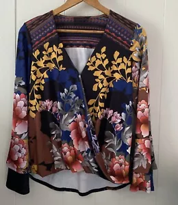Hale Bob Women's Sz M Multi Color Bold Floral Aztec Faux Wrap Bell Sleeve Top - Picture 1 of 5