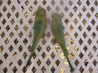 PAIR UNIQUE ART DECO CAST METAL GREEN ENAMEL PAINT PARAKEETS BUDGERIGARS HANGERS