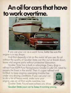 1968 QUAKER STATE Motor Oil red Corvair towing huge boat Vintage Print Ad - Picture 1 of 1