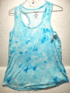 Hanes Top Womens Small White Blue Tie Dye Workout Tank Sleeveless Rayon Spandex - Picture 1 of 16