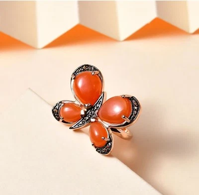 Anel borboleta pedra da lua pêssego e multigem Vermeil ouro rosa prata esterlina tamanho 8 - Imagem 1 de 4