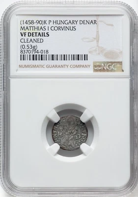 HUNGARY 1458-90  1 DENAR SILVER COIN, CIRCULATED, NGC CERTIFIED "VF DETAILS" - Image 1 of 2