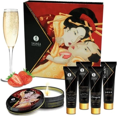 Shunga Set regalo Kit 5 Pezzi Geisha Fragola Candela Olio Lubrificante Erotica Foto 1 de 4