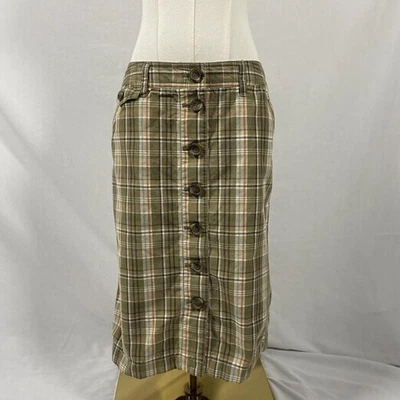 Falda Midi Liz Claiborne Verde Marrón Botón a Cuadros Pequeña Retro Boho Y2K Academia Foto 1 de 4
