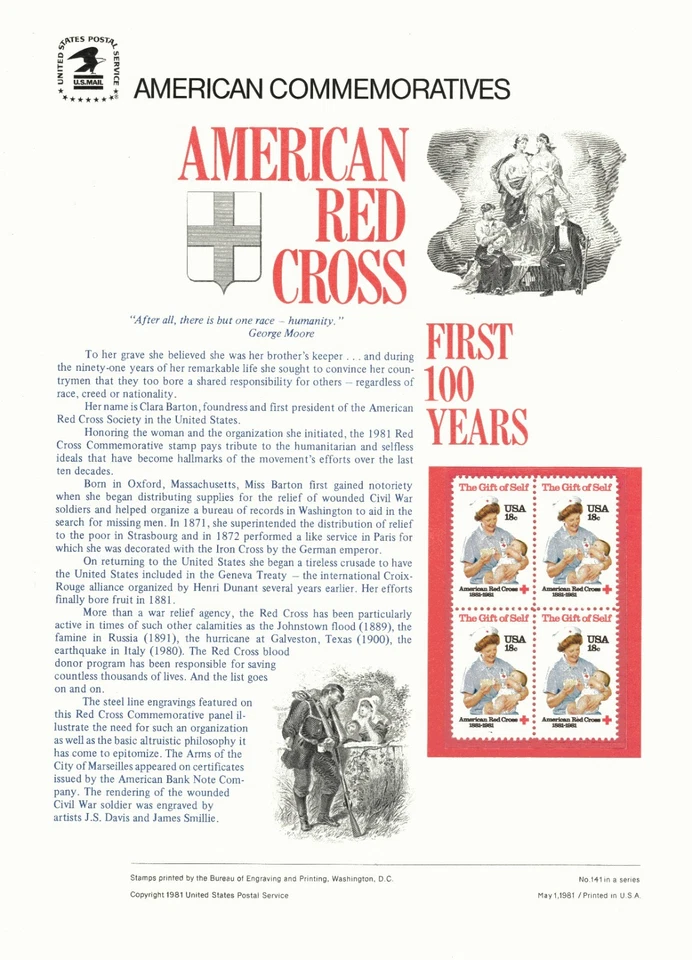 # 141 18c American Red Cross # 1910 1981 USPS COMMEMORATIVE STAMP PANEL - Image 1 of 2