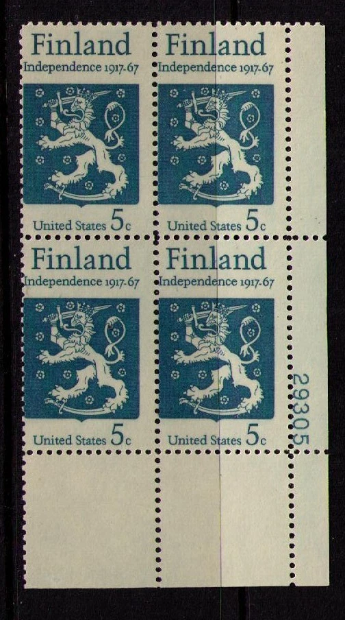 US USA Sc# 1334 MNH FVF Pl# Block Finland Independence Lion Sword - Image 1 of 1