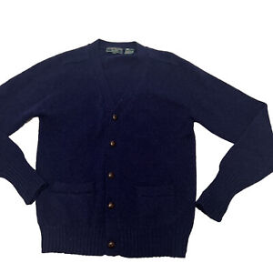 Clubfellow Wool Knit Cardigan Men's L Navy, Leather Button, 2 Pockets, Vintage