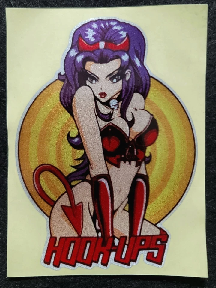 HOOK-UPS HOOK UPS STICKER "PURPLE HAIR DEVIL" 3/4 X 4" PEEL OFF GLOSSY CLEAR METALLIC