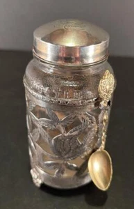 VINTAGE GLASS NESTLE JAR MEXICAN .925 SERLING SILVER FLORAL OVERLAY 5 1/4" - Picture 1 of 10