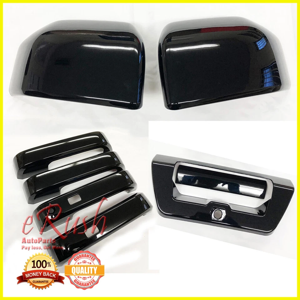 Juego combinado de cubiertas de espejo retrovisor + manija + puerta trasera negro brillante para Ford F-150 2015-2019 Foto 1 de 1