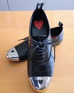 NEW Love Moschino Black Lace Up Oxfords Metal Toe Head Flats Dress Shoes Sz 37 - Picture 1 of 12