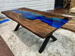 Blue Epoxy Resin River Table – Live Edge Acacia Wood – Handmade Top - Picture 1 of 5