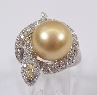 18K White Gold Plated 4Ct Round Golden South Sea Pearl SNAKE Engagement Ring - Image 1 of 4