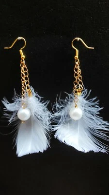 Long Pearl Feather Chain Earrings Women Drop Dangle Ear Stud Jewelry Gift - Image 1 of 4