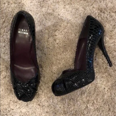 Stuart Weitzman Snake Embossed Peep Toe Pumps Size 8.5 - Image 1 of 4