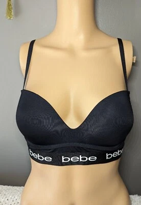 BEBE Lightly Padded Wireless Comfortable PULLOVER Black Bra Satin 34C Logo - Image 1 of 4