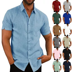 Mens Cotton Linen Shirts Summer Loose Buttons Short Sleeve Casual T Shirt Tops - Picture 1 of 28