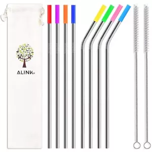 8Pack Reusable Metal Drinking Straws with Silicone Tips and Cleaning Brushes - Picture 1 of 8
