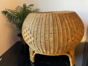 Vintage Rattan Woven Wicker Stool Pouffe pouf Bamboo Legs Boho Tiki foot stool - Picture 1 of 8