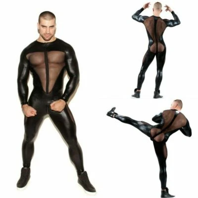 Men PU leather Mesh tight Bodysuit Lingeries Wet Look Shiny Long Sleeve Costumes - Image 1 of 4