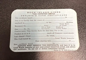 Rock Island Lines Railroad Employee's Pocket Watch Card-Time Inspection Service! - Picture 1 of 2