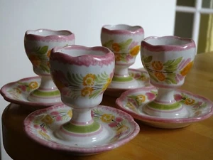 FOUR EGGS CUPS CERAMIC HENRIOT QUIMPER FRANCE COLOR PINK - Picture 1 of 11