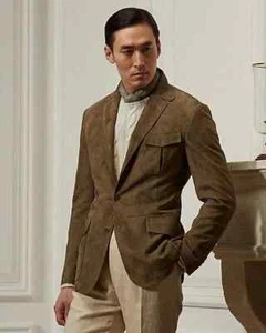 Men Olive Green Leather Blazer 100% Real Pure Suede Coat Jacket 2 Button Style - Picture 1 of 12