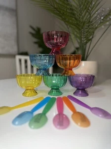 Set Of 6 Plastic Multicolor Ice Cream Bowls And Spoons - Picture 1 of 11