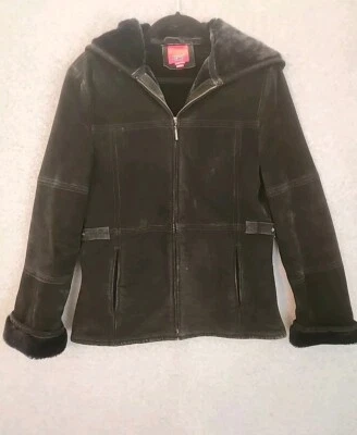 ESPIT 女式黑色麂皮绒夹克皮革中号全拉链连帽口袋复古  — 第 1/4 张图片