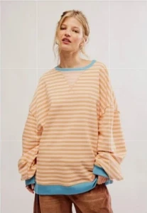 Free People New We the Free Classic Striped Oversized Crewneck Orange Size S - Picture 1 of 7