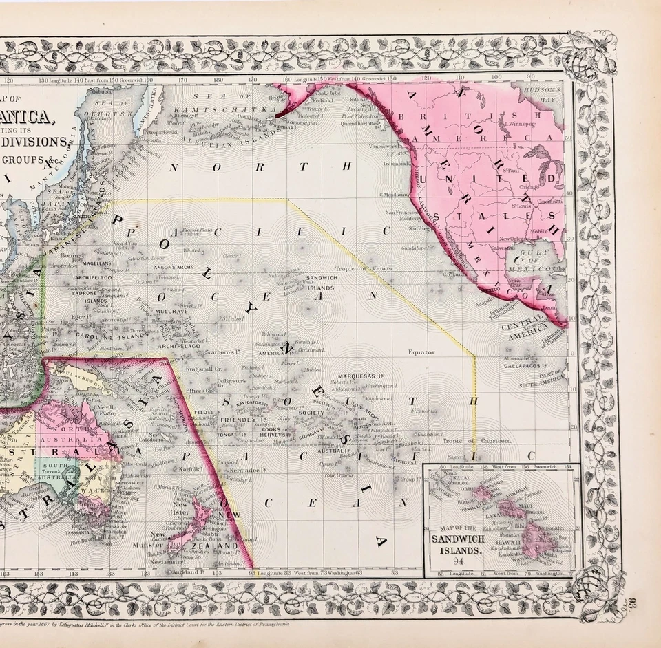 Mapa 1869 OCEANÍA - OCÉANO PACÍFICO - Estados Unidos ASIA HAWAII FILIPINAS  Foto 1 de 4