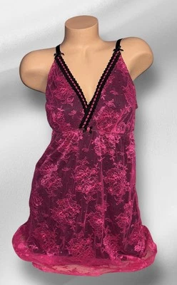 Camisón CACIQUE Negro Brillante Satinado Rosa Encaje Superpuesto Nylon 14/16 Foto 1 de 4