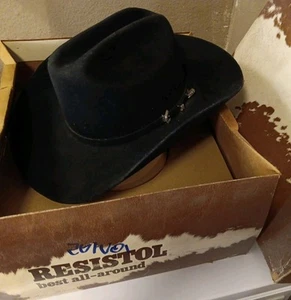 Resistol Black Cowboy Hat 7 3/8 XL Wool w/ Box & Silver Buckle Band - Picture 1 of 13