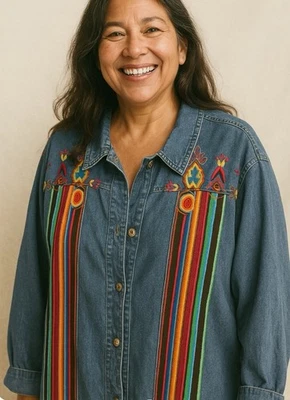 Liz & Me Denim Embroidered Jean Jacket Size 4X Aztec Navajo Colorful Western - Image 1 of 4