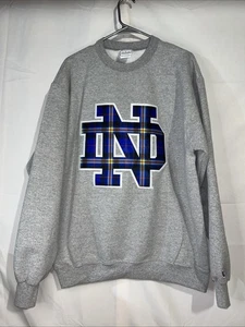 Notre Dame Fighting Irish Sweatshirt Womens Large Gray Champion Plaid Logo - Picture 1 of 5
